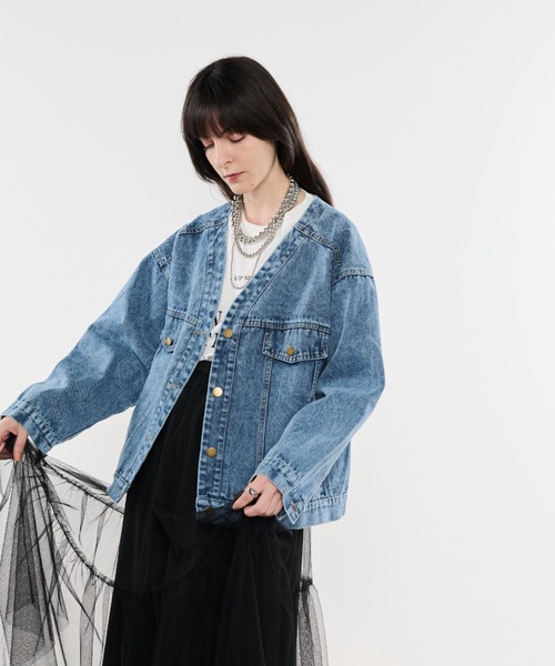 shellerシェリエノーカラーフリンジデニムジャット シェリエ sheller ノーカラーフリンジデニムジャケット - レディース