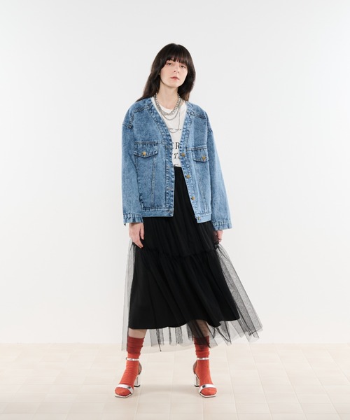 ゆきキティ シェリエ　sheller ノーカラーフリンジデニムジャケット ゆきキティ様専用 シェリエ sheller ノーカラーフリンジデニム