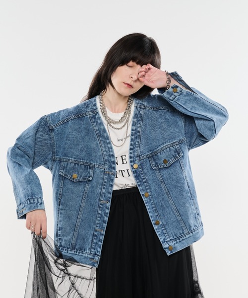 超美品！シェリエ　sheller　ノーカラーフリンジデニムジャケット シェリエ sheller ノーカラーフリンジデニムジャケット - レディース
