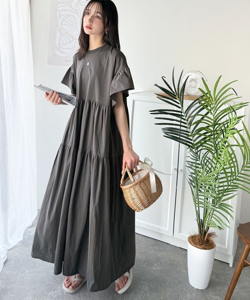 ランバン シルク ティアードフリル 半袖 ロング ワンピース グレー×ゴールド classicalelf（クラシカルエルフ） ワンピース 夏 半袖 「冷感素材