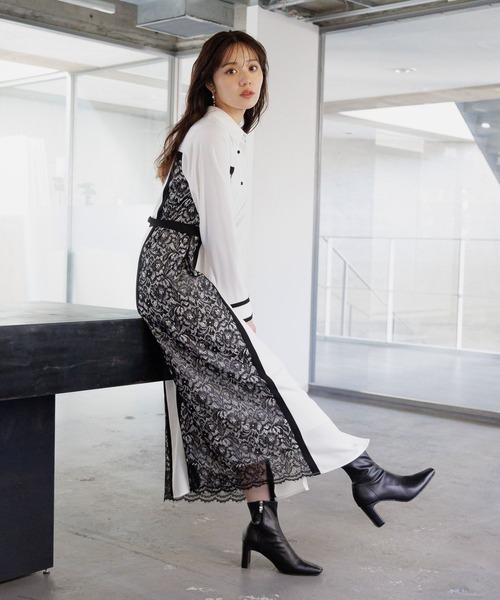   ★ フローラル レーストリム シャツワンピース レーストリムワンピース（WHITE） - PINUE