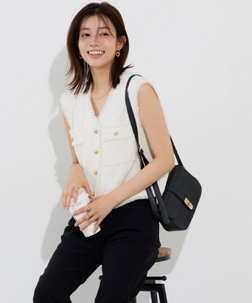 ベスト ジレ ゴールドボタンフリンジツイードベスト レディース
