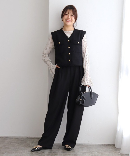 ベスト ジレ ゴールドボタンフリンジツイードベスト レディース Pierrot ベスト ジレ ゴールドボタンフリンジツイードベスト