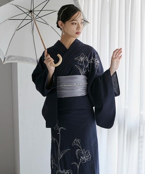 【新品】 浴衣 黒×グリーン 花柄 Neina 浴衣 「浴衣」花柄デザイン刺しゅう浴衣セット（ゆかた＋
