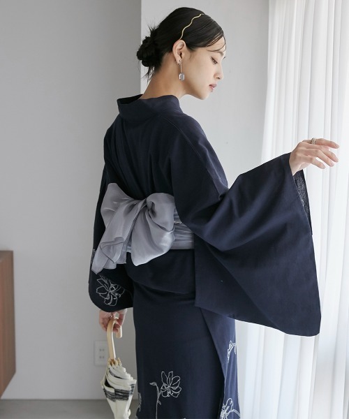 新品◇花柄浴衣セット/ブランド浴衣/洗える浴衣/モダン/大人浴衣/ネイビー Neina 浴衣 「浴衣」花柄デザイン刺しゅう浴衣セット（ゆかた＋