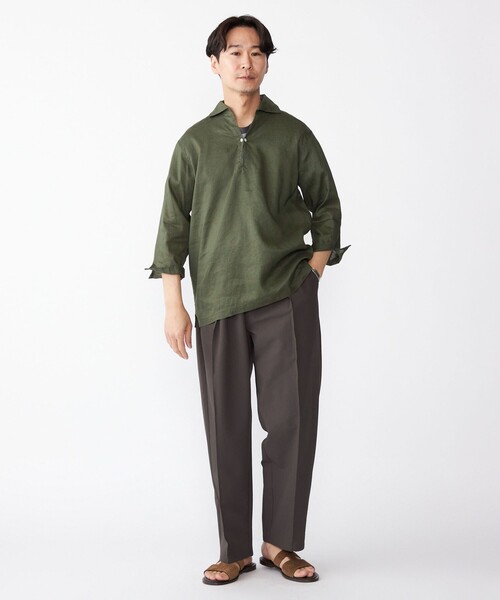 SHIPS フレックスリネン 7スリーブ カプリ シャツ Lサイズ OLIVE SHIPS（シップス） 七分袖 シャツ SHIPS: フレックスリネン 7スリーブ