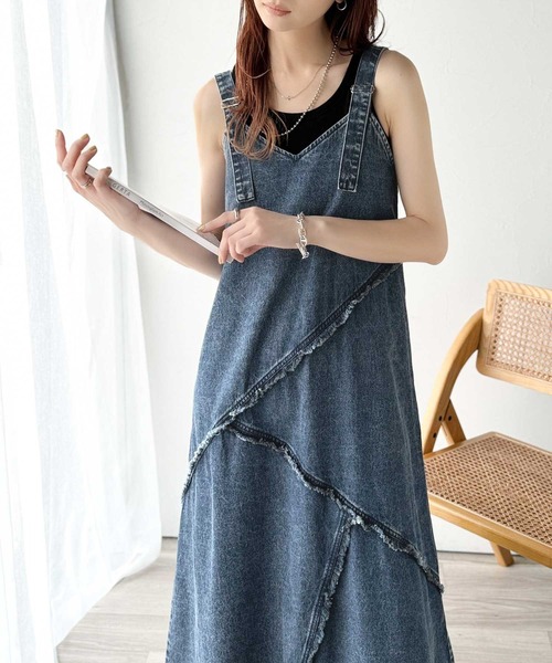 ヤッコマリカルド デニムワンピース ジャンパースカート Vネック 通年 ヤッコマリカルド デニムワンピース ジャンパースカート Vネック 通年