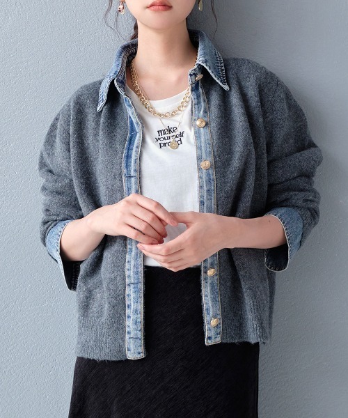 カーディガン デニム切替フェイクレイヤードニットカーディガン