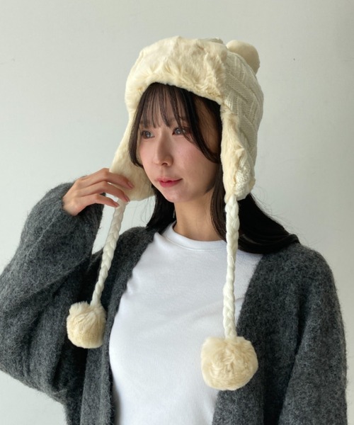 ニット帽 ニットキャップ ファーポンポン付き イヤーカバー イヤーマフ