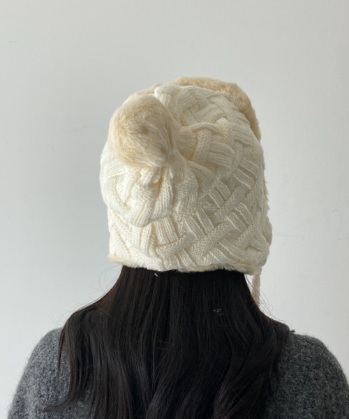 BUTTON EAR MUFF KNIT CAP ニットキャップ ニット帽 ニットキャップ ファーポンポン付き イヤーカバー イヤーマフ