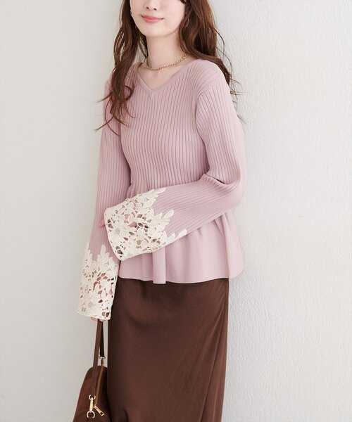 natural couture ニット セーター 袖レースペプラムニット レディース
