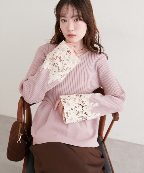 natural couture ニット セーター 袖レースペプラムニット レディース
