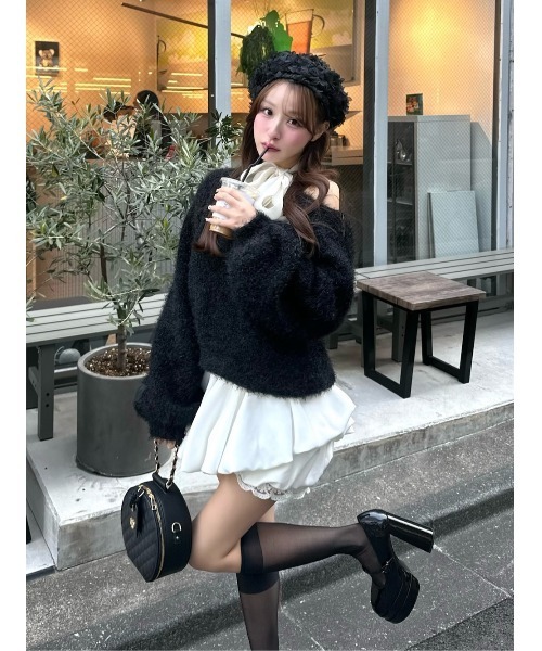 Darich 襟付き 半袖 ニット トップス ブラック フリルカラーニット