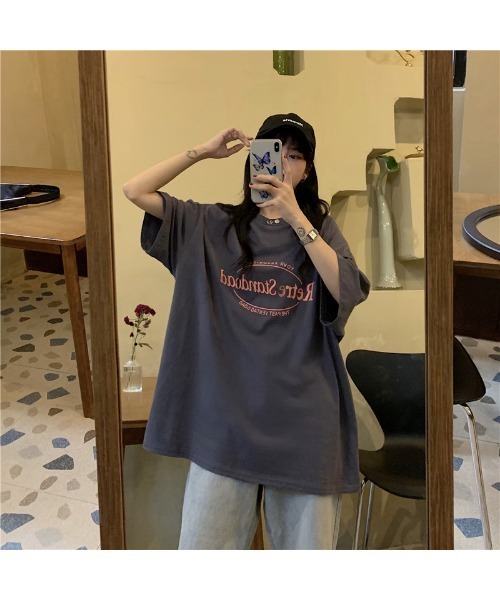 レッド オーバーサイズ 半袖 Tシャツ ルーズ DEVICE tシャツ ビッグシルエット ルーズ シンプル ロゴ