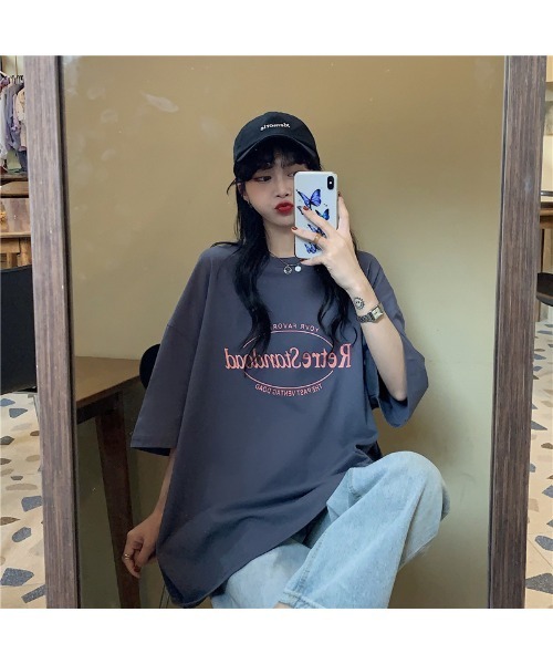 レッド オーバーサイズ 半袖 Tシャツ ルーズ DEVICE tシャツ ビッグシルエット ルーズ シンプル ロゴ