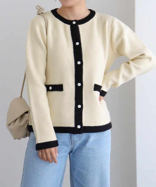 Pierrot（ピエロ） カーディガン 配色ニットジャケット レディース