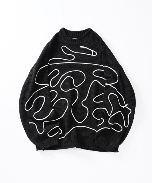 Aphlotus セーター ニット ライン刺繍 透かし編み クルーネックニット