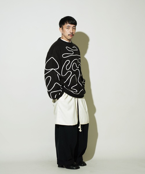 Aphlotus セーター ニット ライン刺繍 透かし編み クルーネックニット