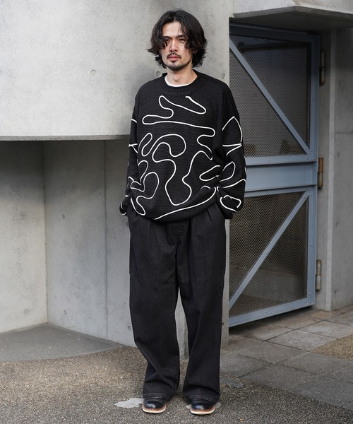 Aphlotus セーター ニット ライン刺繍 透かし編み クルーネックニット