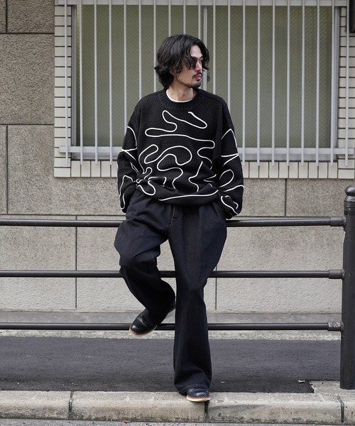 Aphlotus セーター ニット ライン刺繍 透かし編み クルーネックニット