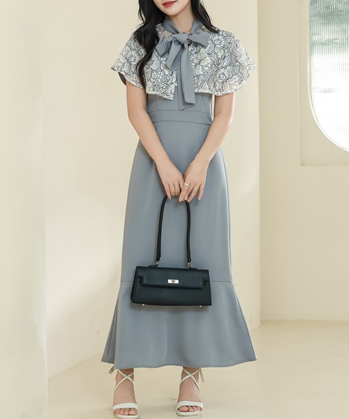 Lace Ladies ワンピース ボウタイ ケープ付き ハイウエスト