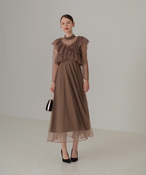 ミニ丈シンプルドレス❤️ビジュー　チュールトップスで2WAY結婚式パーティー用 ミニ丈シンプルドレス❤️ビジューチュールトップスで2WAY結婚式
