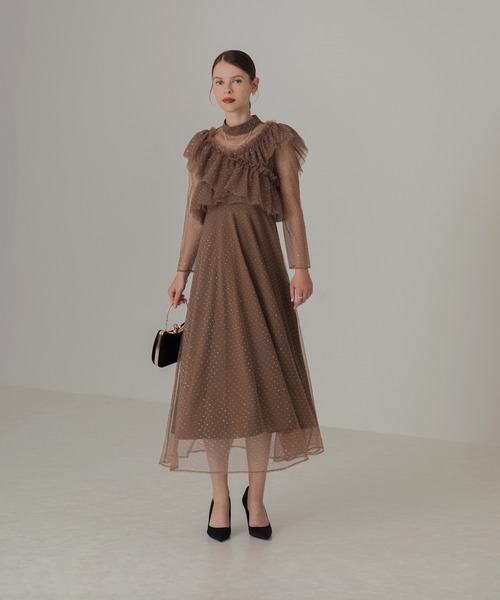 レジャ Leja 2wayドットストーンギャザーチュールAラインドレスワンピース美脚効果結婚式 パーティードレス 成人式 20代 30代 40代 （B Leja｜LEJA-2WAYドットストーンギャザーチュールAライン