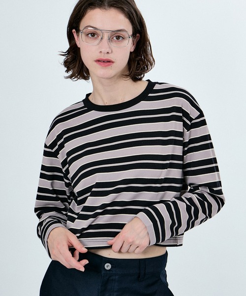 tシャツ MU MULTI BORDER CROPPED LONG SLEEVE CREW NECK PULLOVER レディース