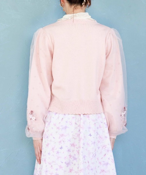 axes femme - ブーケ刺繍×チュール袖カーデ　axes  新品　淡ピンク axes femme - ブーケ刺繍×チュール袖カーデ axes 新品 淡ピンク