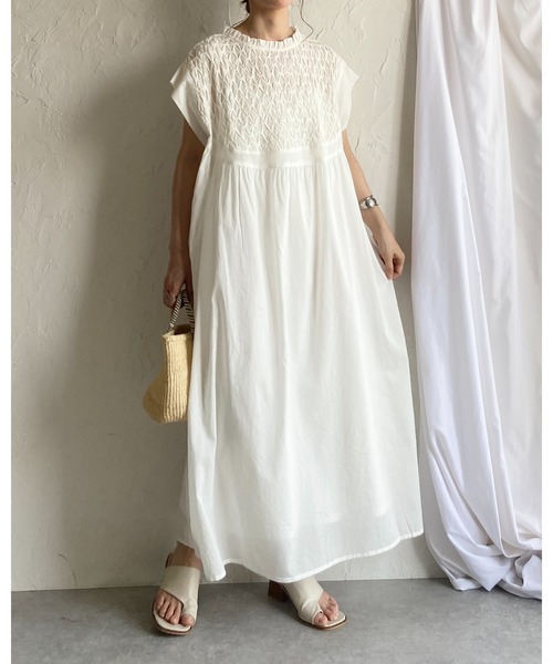【美品】45R ジンバブエコットン ワンピース R刺繍 フレンチスリーブ 白 美品】45R ジンバブエコットン ワンピース R刺繍 フレンチ
