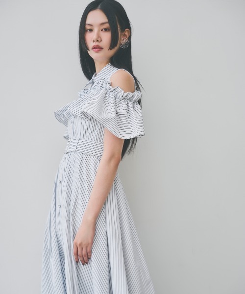 And Couture ストライプオフショルフリルワンピース ストライプオフショルフリルワンピース(506208129) | AND