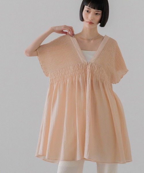 ブラウス シャツ シャーリングチュニックフレンチスリーブ　 581468 レディースの画像