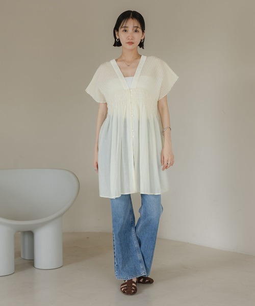 LOWRYS FARM ブラウス シャツ シャーリングチュニックフレンチ