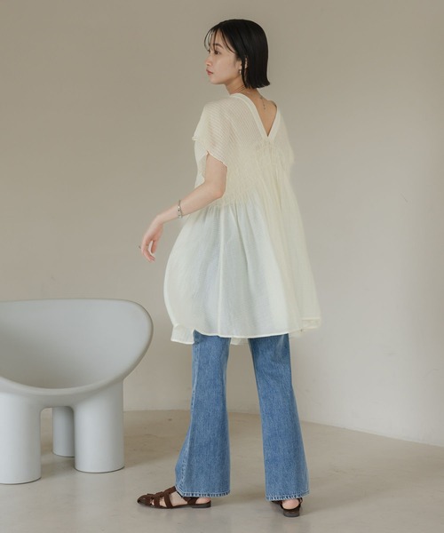 ブラウス シャツ シャーリングチュニックフレンチスリーブ　 581468 レディース LOWRYS FARM ブラウス シャツ シャーリングチュニックフレンチ