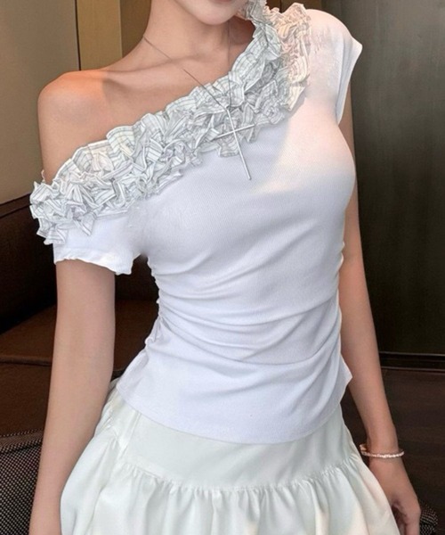 tシャツ アシメフリルデザインオフショルトップス レディース