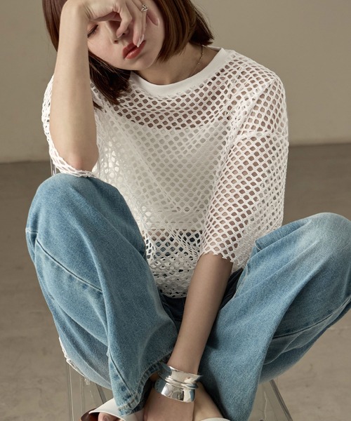 Fashion Letter tシャツ シアーメッシュ オーバーサイズTシャツ