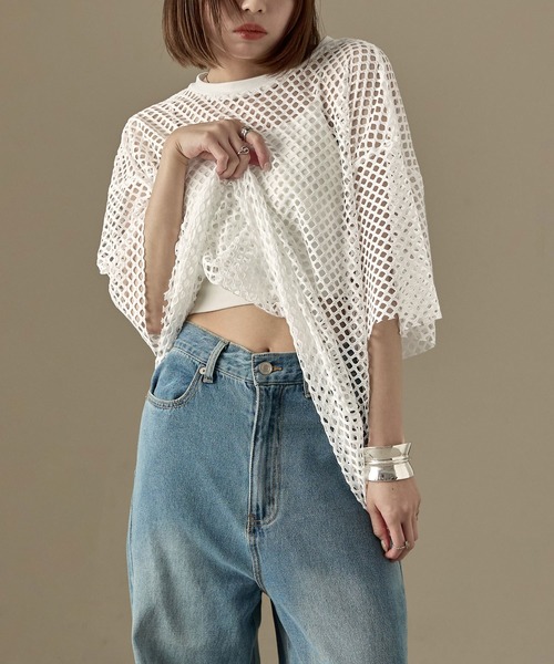 2000Archives メッシュシャツ 12号 ネイビー/シルバー ロゴジャガードニット｜MEN｜251ISB70-030B｜AZUL BY MOUSSY