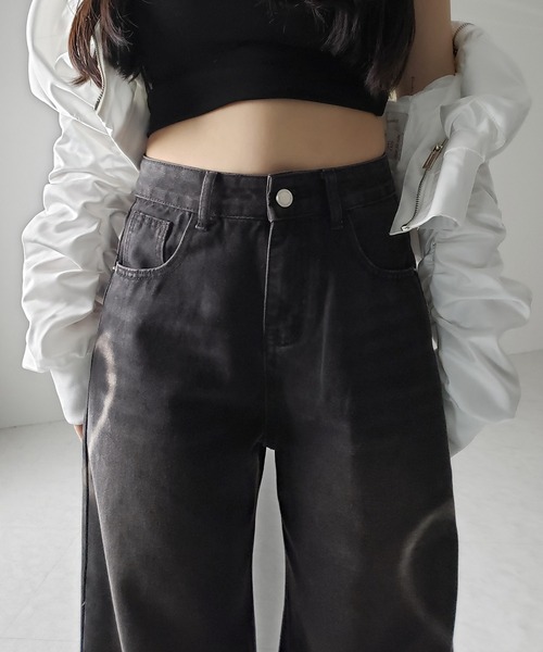 「me+em select」 加工デニムパンツ LARGE ブラック レディース