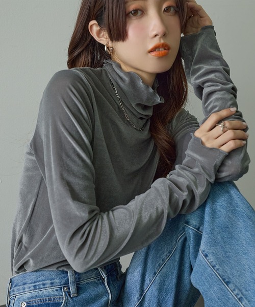 ベロアシアーカットソー ホワイト タートルネック 長袖 トップス 日本製 新品 トップス ベロア シアー[品番：HHHW0001687]｜HUG.U（ハグユー）の