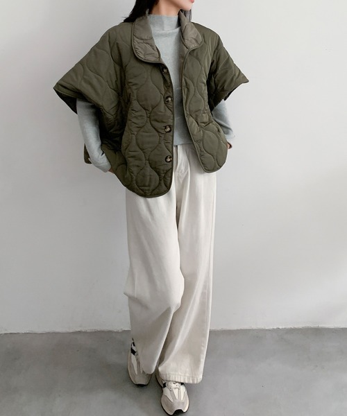 LOWO ポンチョ キルティングコート 冬 レディース ミドル丈 ポンチョ