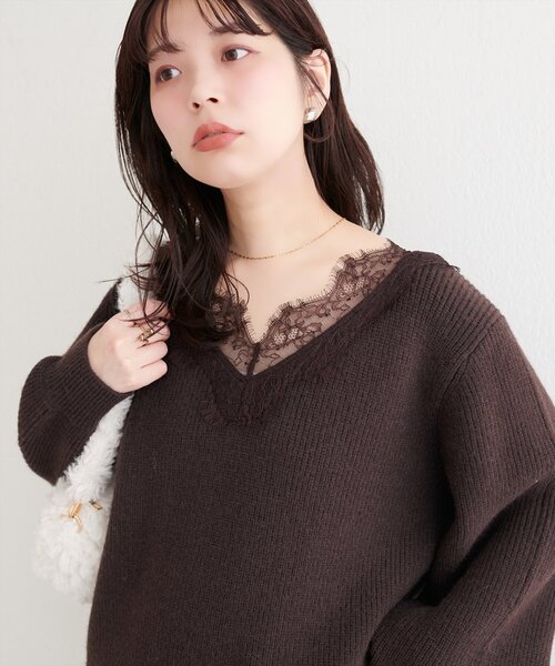 【サックス3】袖レースVネックニット natural couture ニット セーター 「WEB限定」レースVネックニット