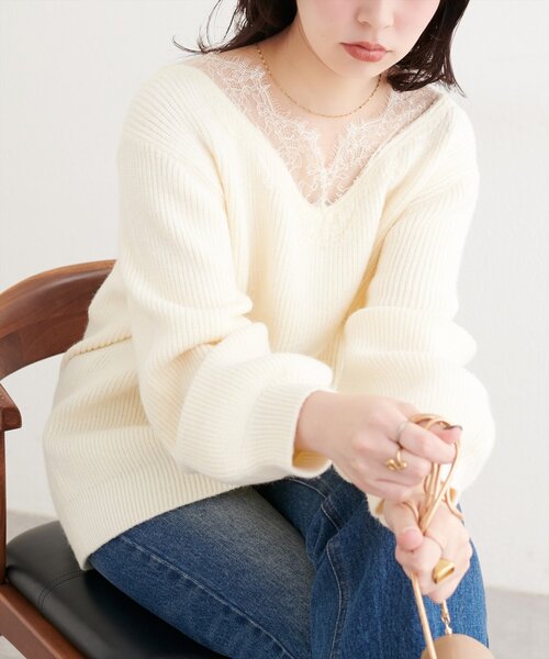 natural couture ニット セーター 「WEB限定」レースVネックニット