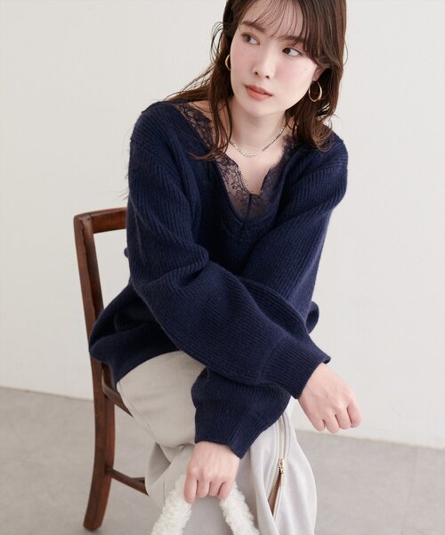 natural couture ニット セーター 「WEB限定」レースVネックニット