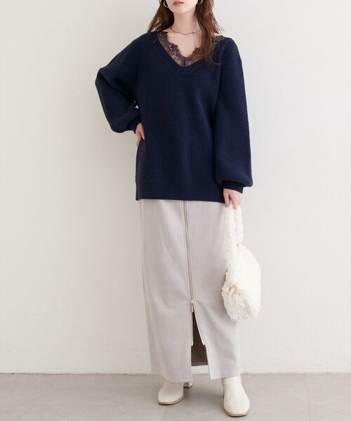 natural couture ニット セーター 「WEB限定」レースVネックニット