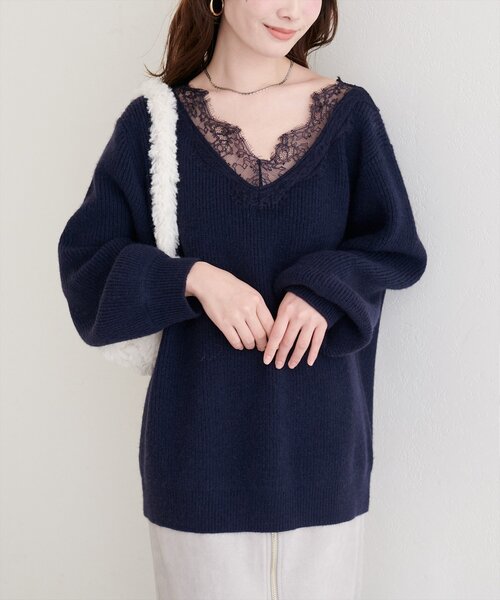 natural couture ニット セーター 「WEB限定」レースVネックニット