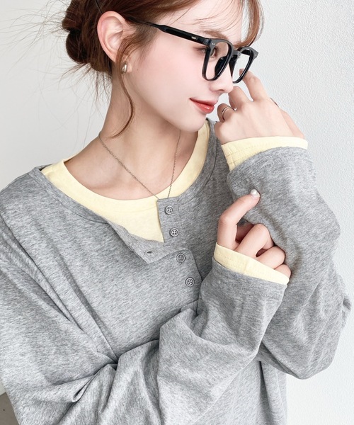 moment+ tシャツ ヘンリーネックレイヤードロングTシャツ(ヘンリー