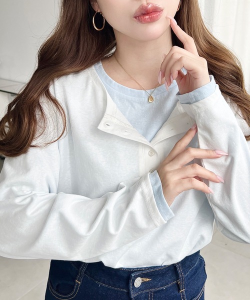 moment+ tシャツ ヘンリーネックレイヤードロングTシャツ(ヘンリー