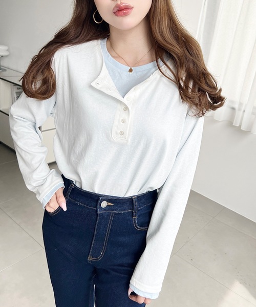 moment+ ヘンリーネック tシャツ ヘンリーネックレイヤードロングT