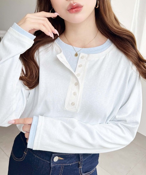 moment+ tシャツ ヘンリーネックレイヤードロングTシャツ(ヘンリー
