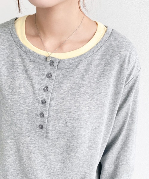 moment+ tシャツ ヘンリーネックレイヤードロングTシャツ(ヘンリー